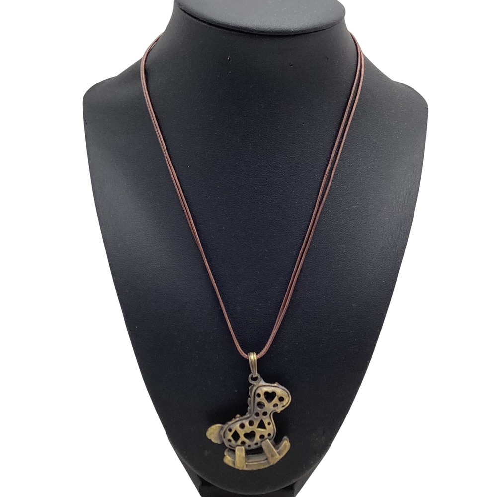 Vintage Style Bronze Rocking Horse‎ Pendant Necklace Rhinestone Double Cord Boho